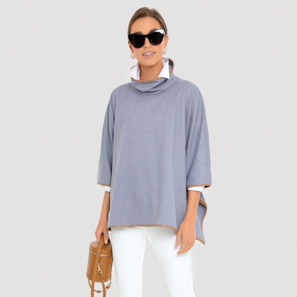 Tuckernuck Piper Poncho Dusty Blue Leather Trim Funnel Neck Women's One Size